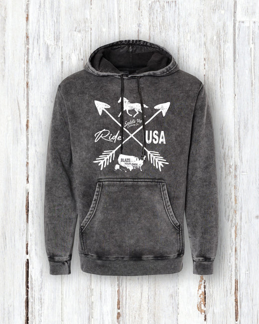 Ride USA Western Horse Lover Hoodie – Blaze Your Own Trail Acid Mineral Washed Hoodie