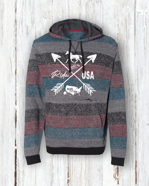 Vintage Ride USA Striped Fleece Hoodie – Unisex Horse Rider Sweatshirt with Zipper Pocket